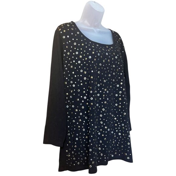 DG by Diane Gilman Black Studded Scoop Neck Top Sz 1X Long Sleeves Mixed Metals - Picture 6 of 10